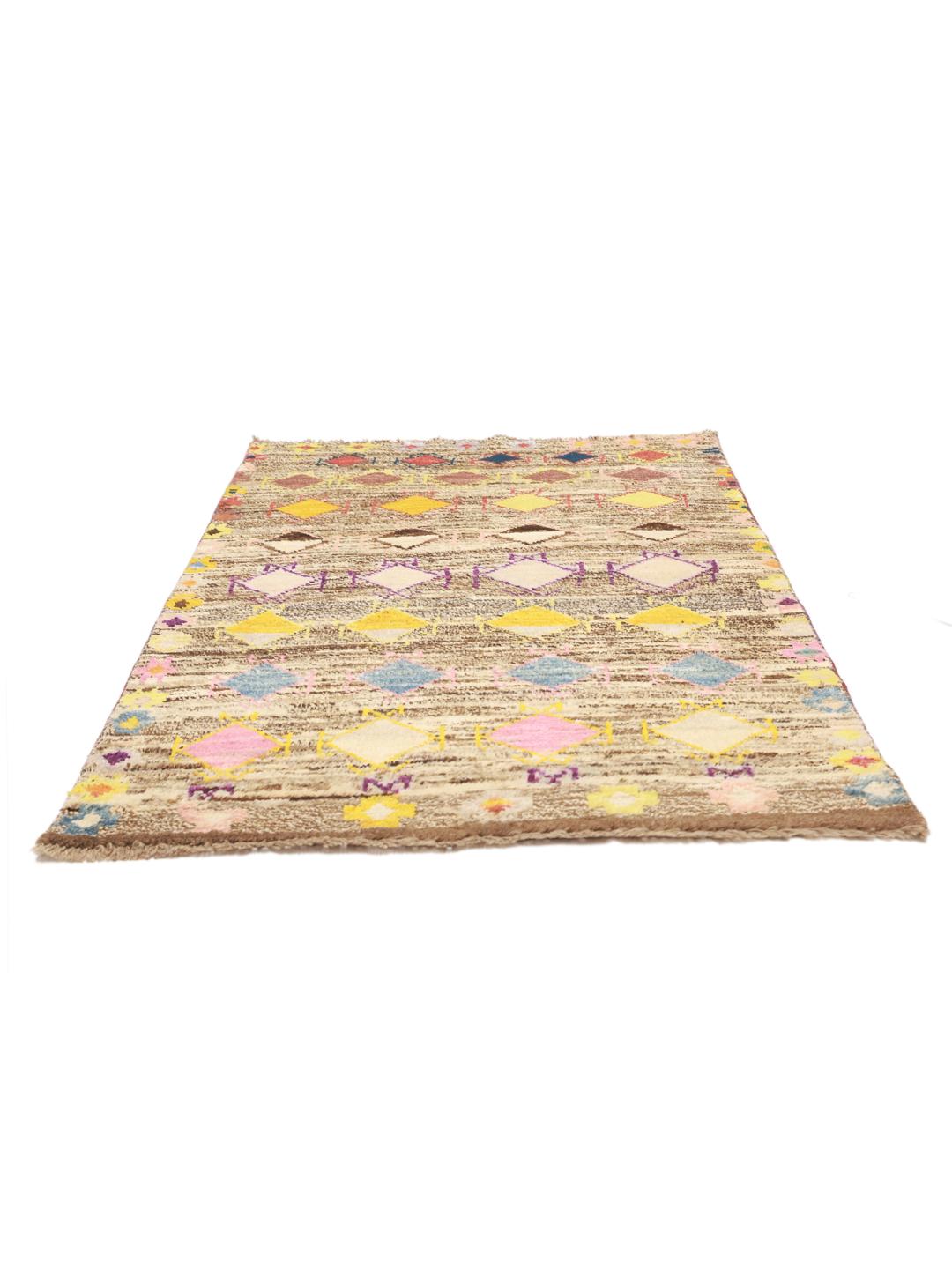 Hand-knotted Berber rug from Afghanistan with a multicolour diamond pattern on a brown background.