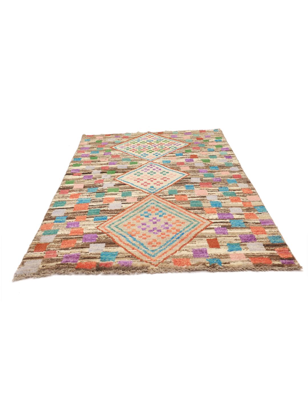 Hand-knotted Afghan rug featuring a colourful geometric mosaic pattern in multicolour wool.
