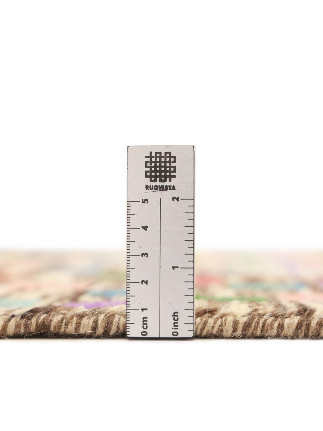 Hand-knotted Afghan rug featuring a colourful geometric mosaic pattern in multicolour wool.