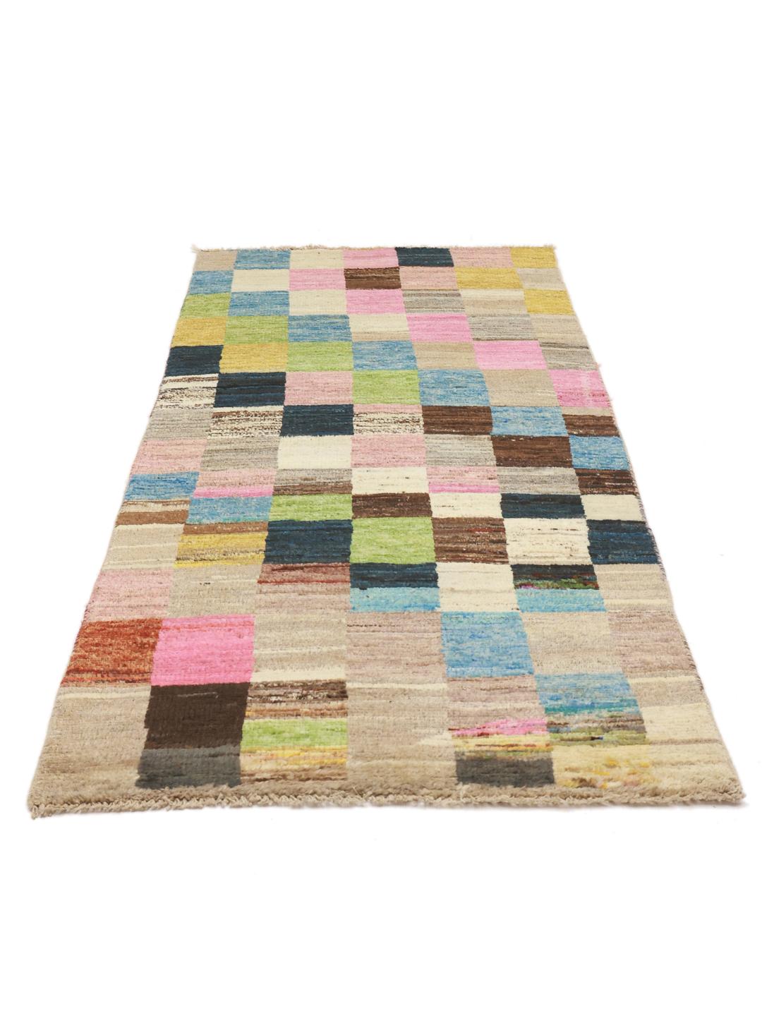 Hand-knotted multicolored Afghan runner with a vibrant patchwork pattern