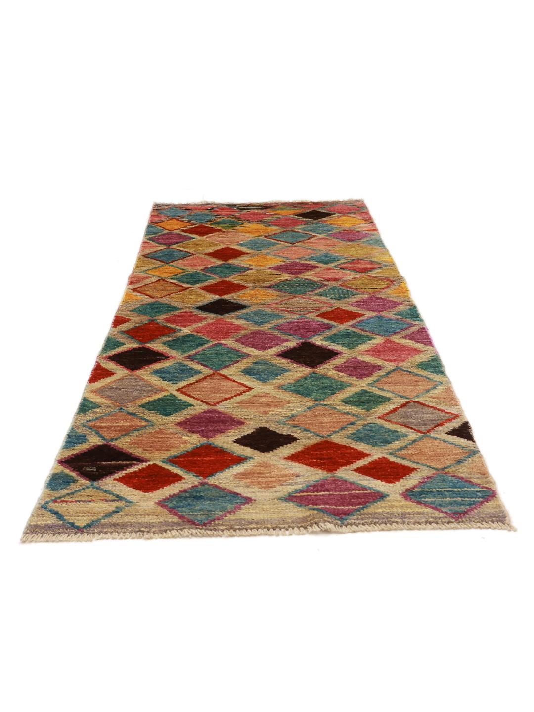 Hand-knotted Middle Eastern runner with a vibrant multicolor diamond pattern