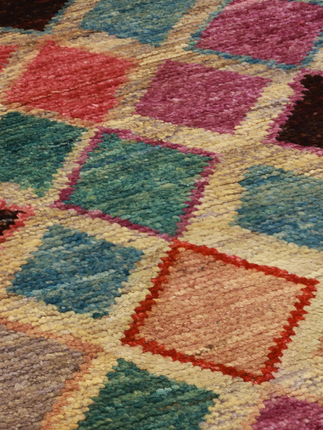 Hand-knotted Middle Eastern runner with a vibrant multicolor diamond pattern