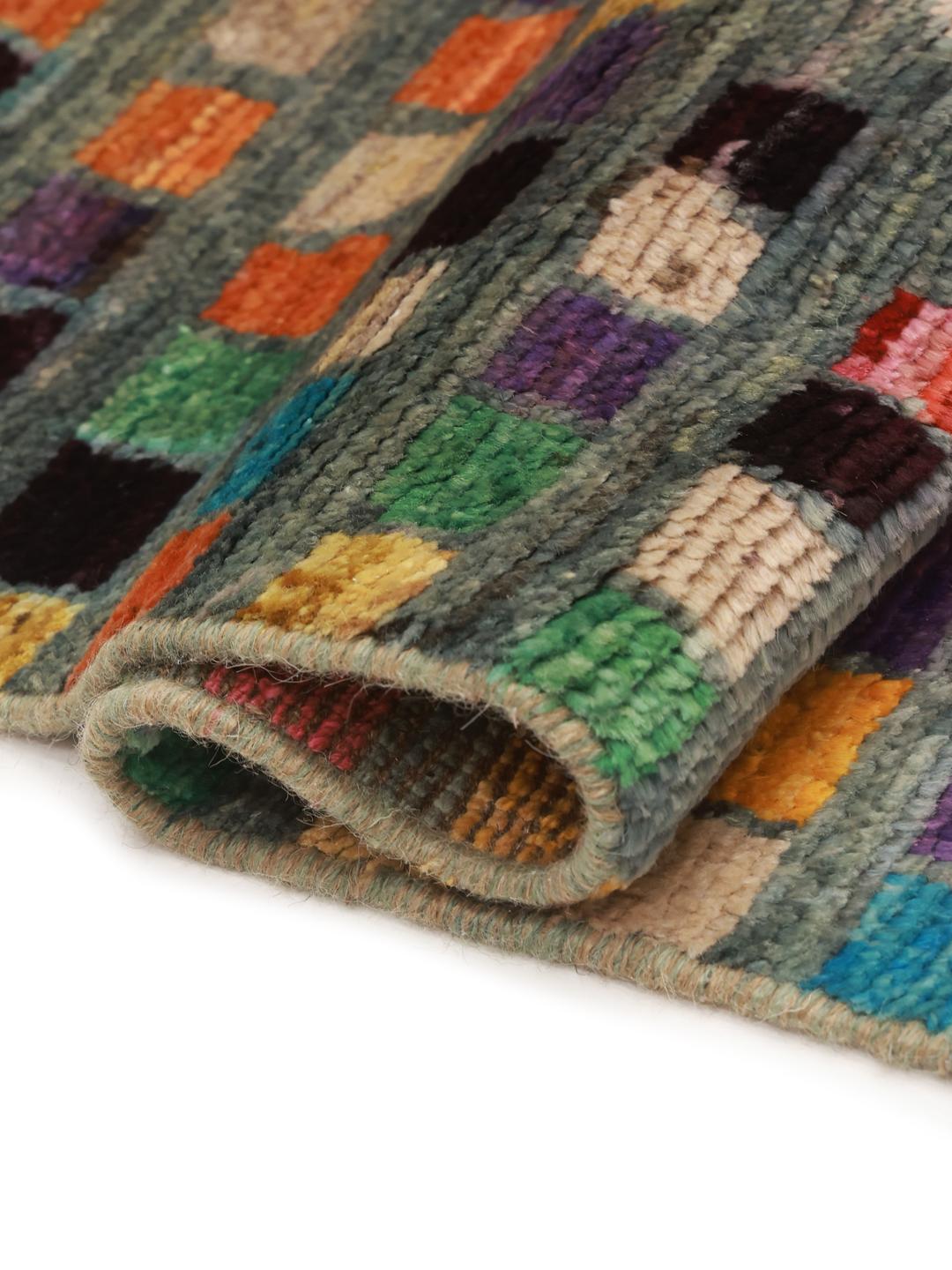 Hand-knotted Afghan runner with a colourful mosaic pattern and geometric diamonds
