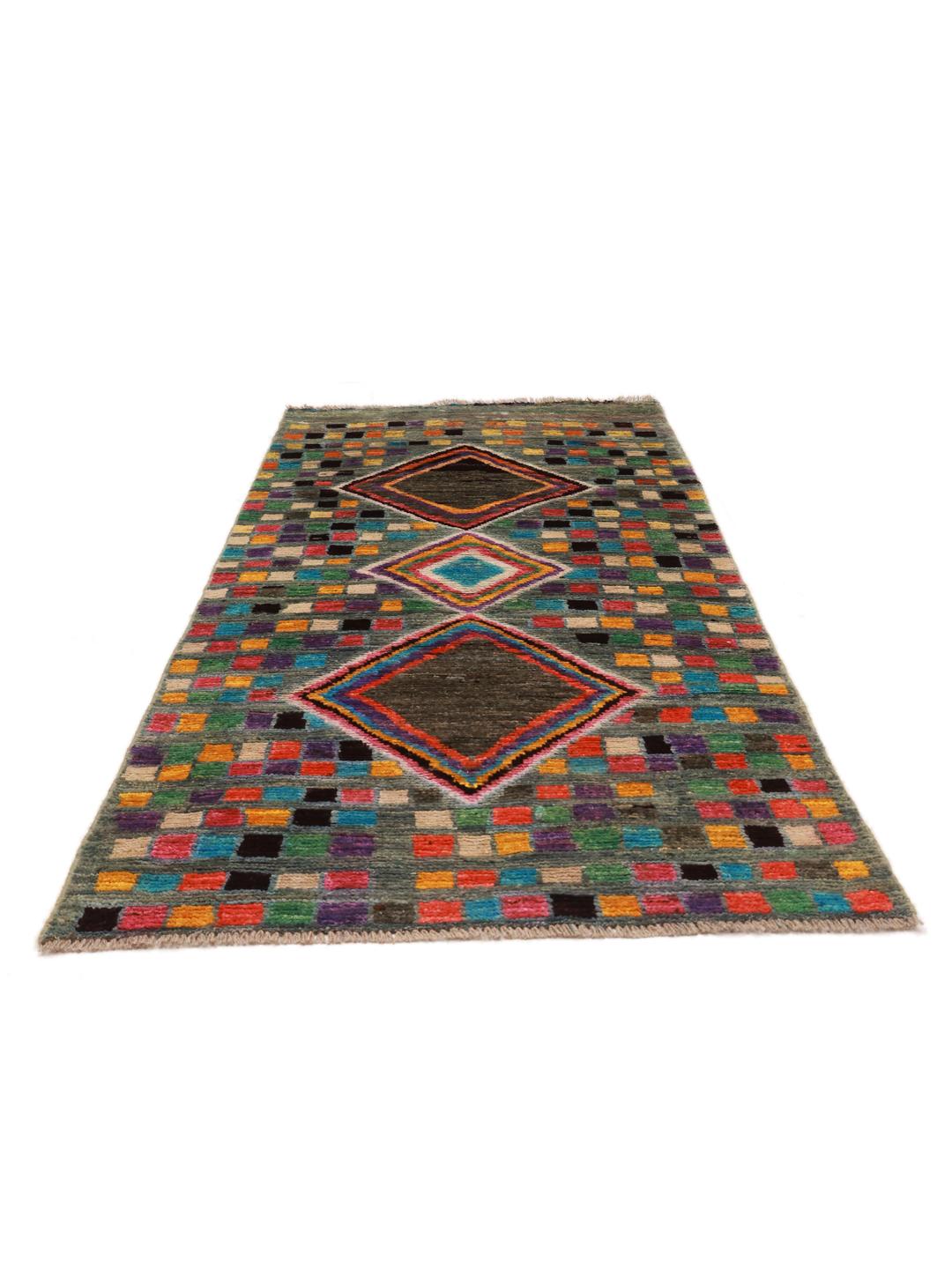 Hand-knotted Afghan runner with a colourful mosaic pattern and geometric diamonds