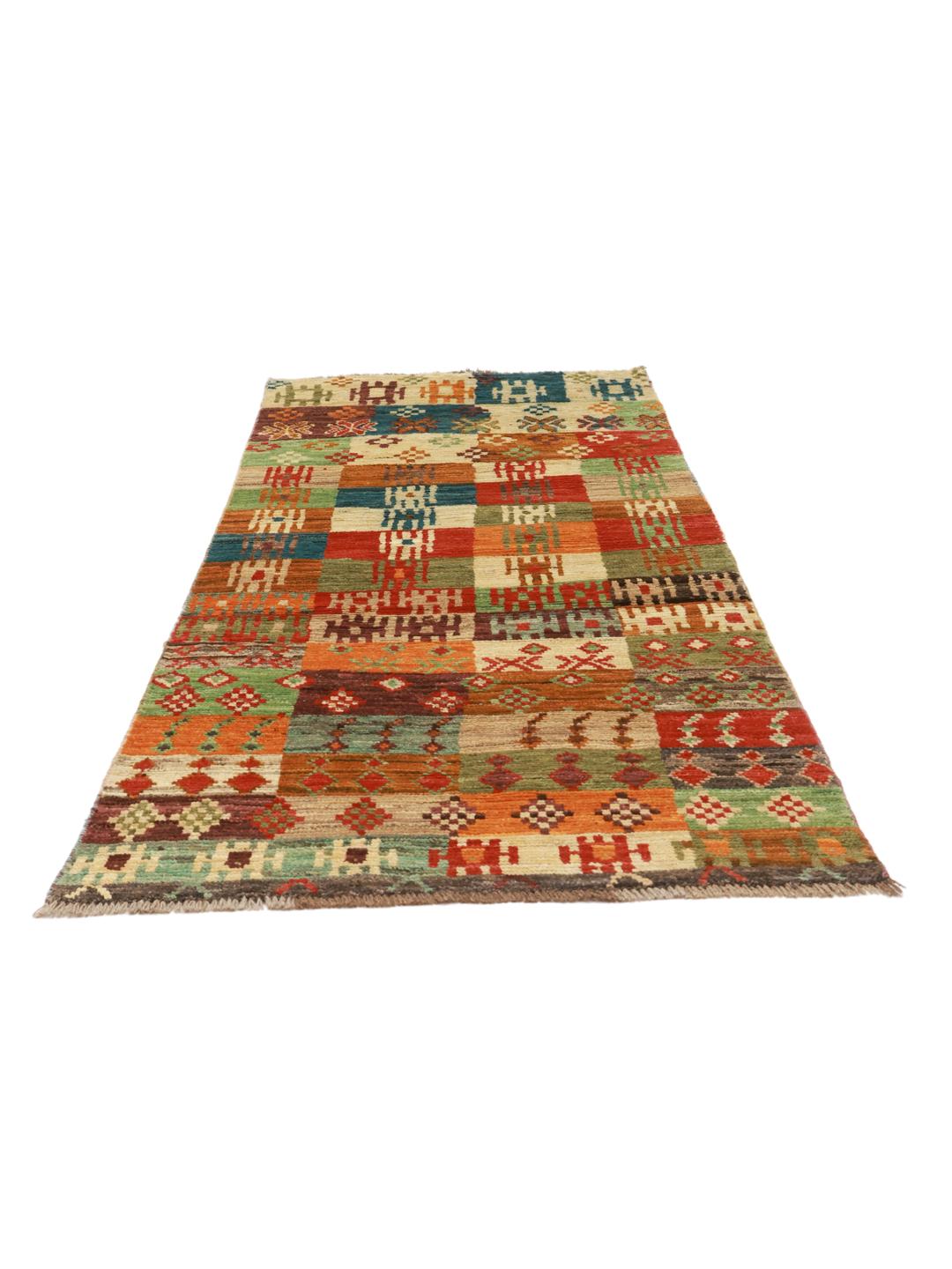 Hand-knotted Afghan runner with a vibrant, multicolor patchwork design