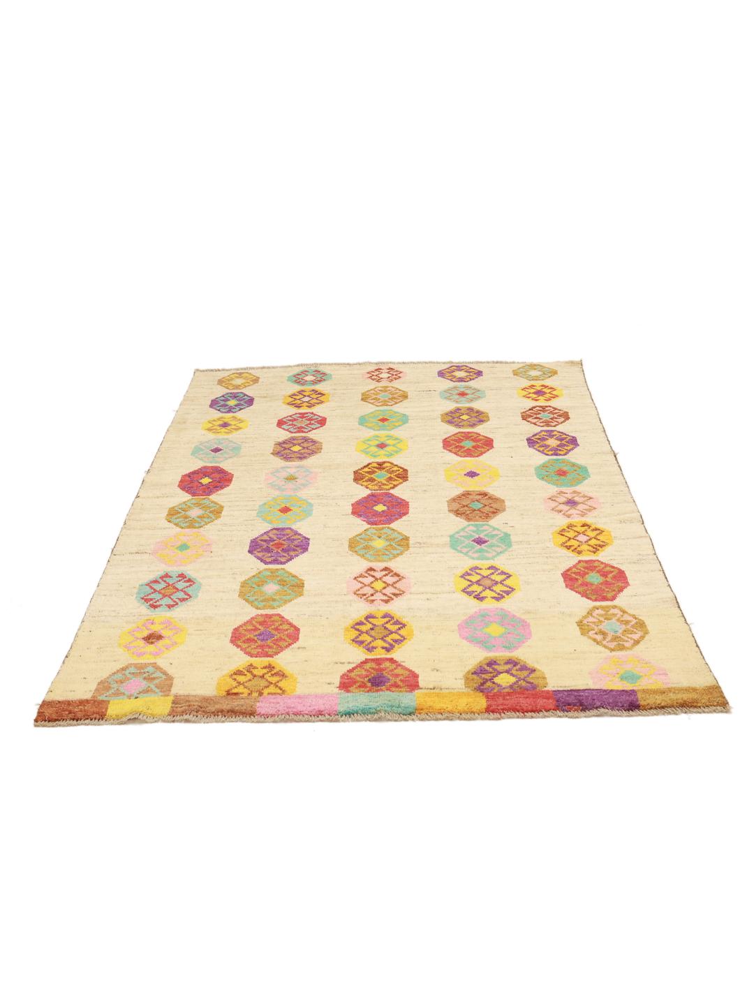 Hand-knotted Afghan Berber Colourful rug with vibrant geometric motifs on a beige background.