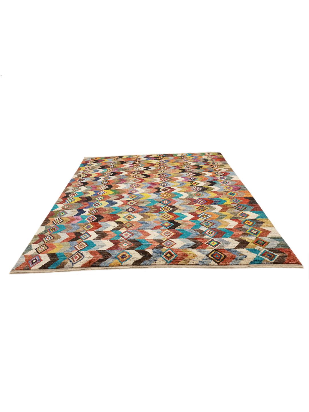 Hand-knotted Afghan Berber rug with a colourful geometric pattern in multicolour Wool.