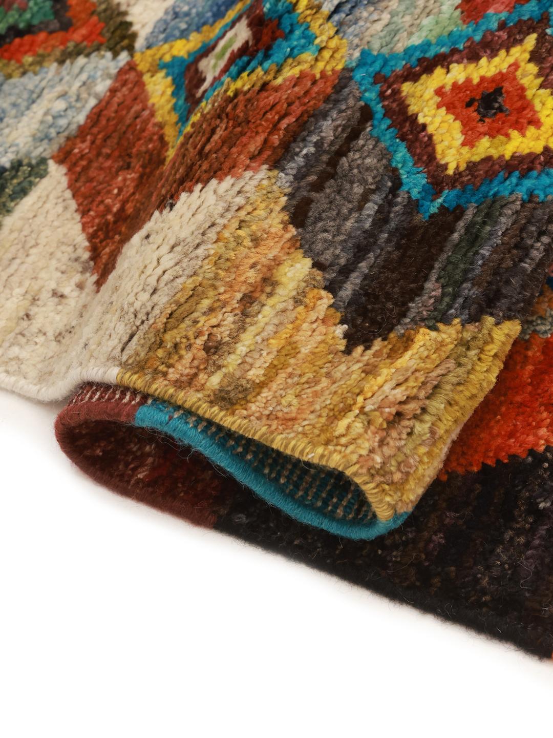Hand-knotted Afghan Berber rug with a colourful geometric pattern in multicolour Wool.