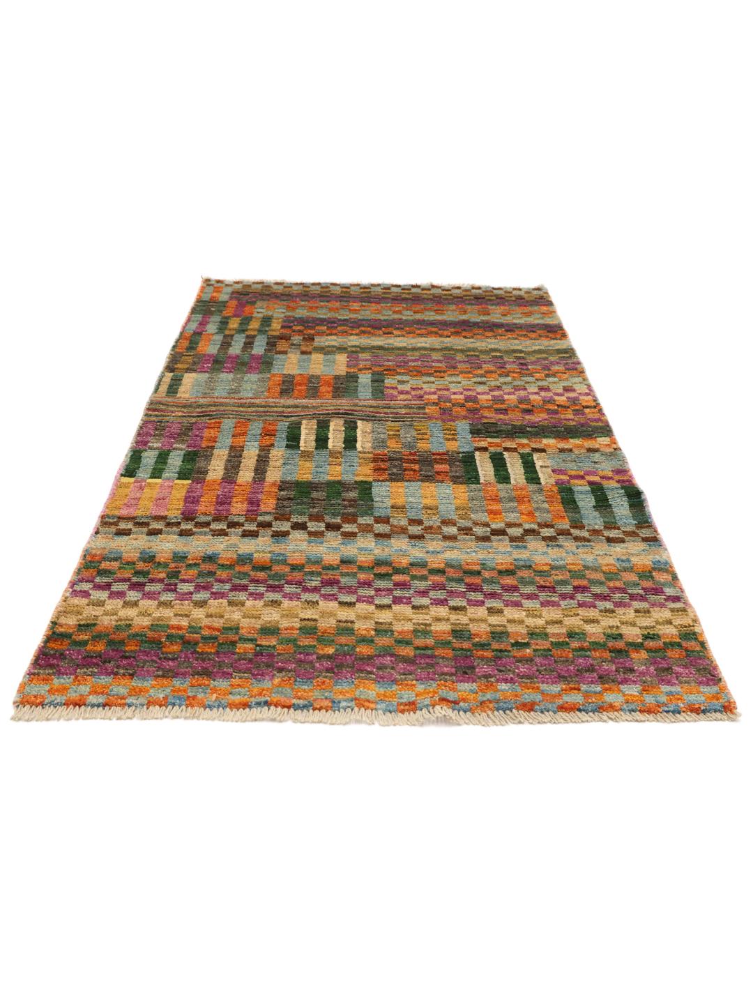 Handgeknoopt Afghaans tapijt met een kleurrijk geometrisch patchworkontwerp in veelkleurige wol.