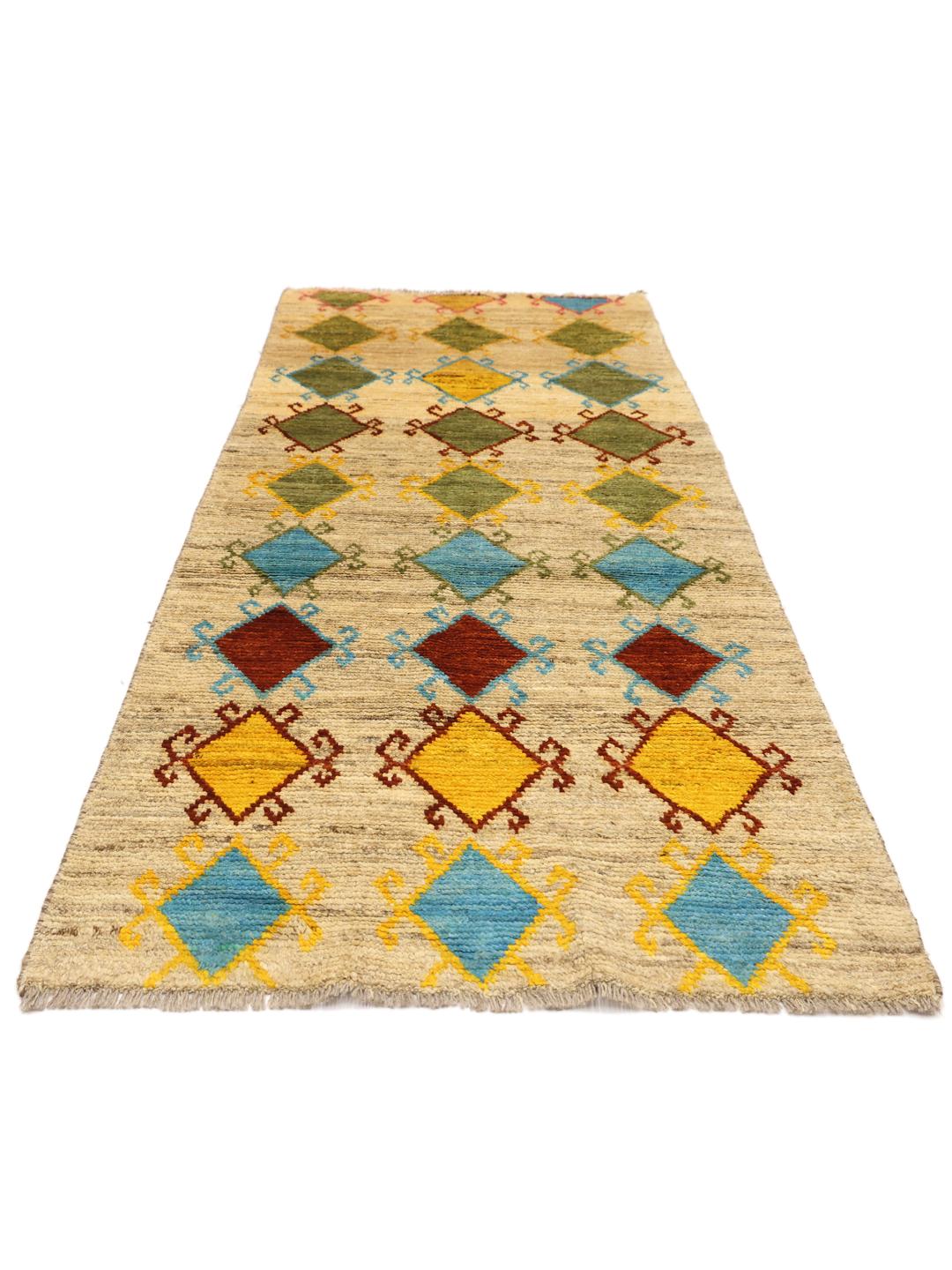 Hand-knotted Afghan runner with vibrant diamond patterns in multicolour wool