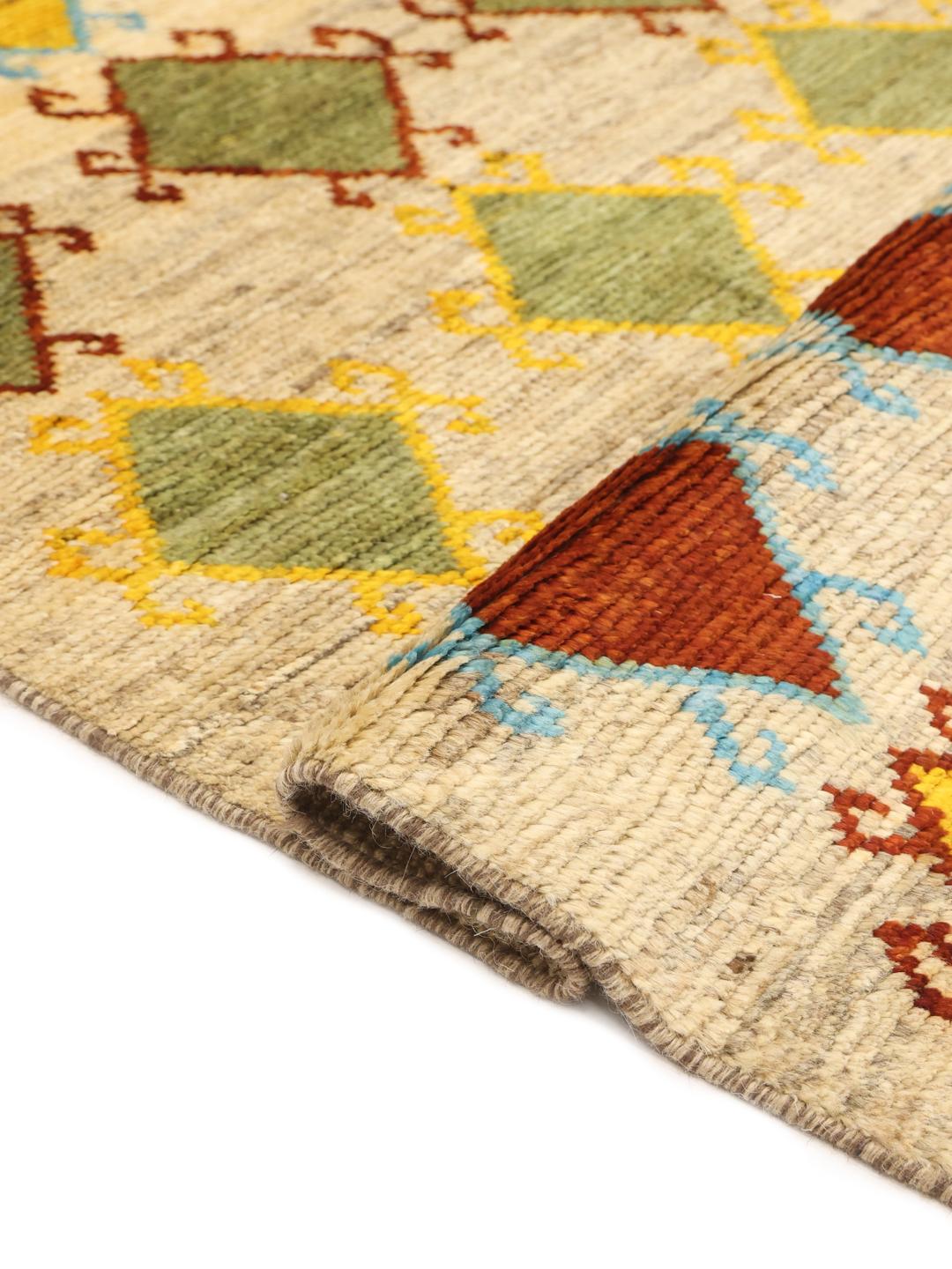 Hand-knotted Afghan runner with vibrant diamond patterns in multicolour wool