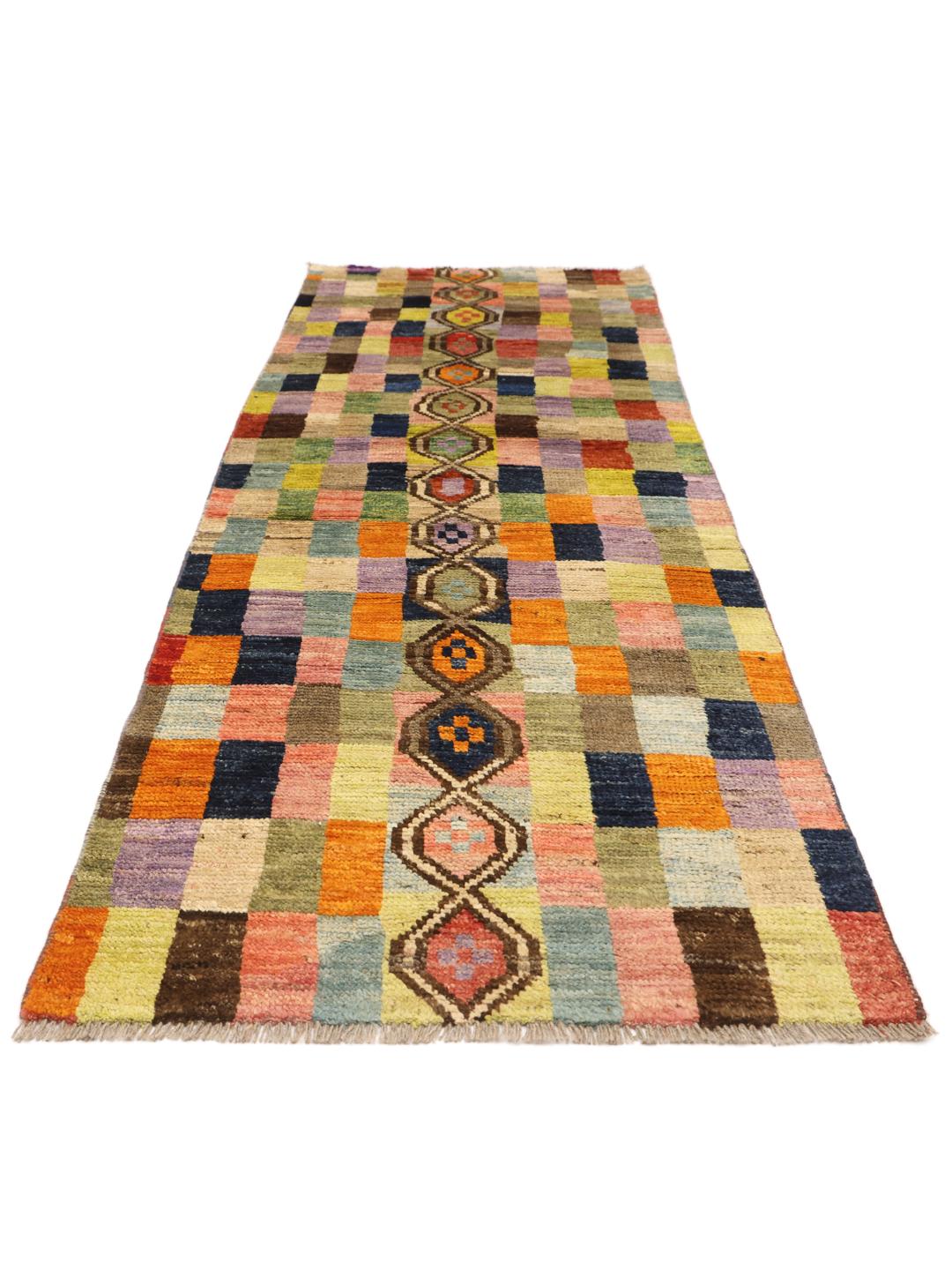 Hand-knotted colourful runner with geometric patterns from Afghanistan