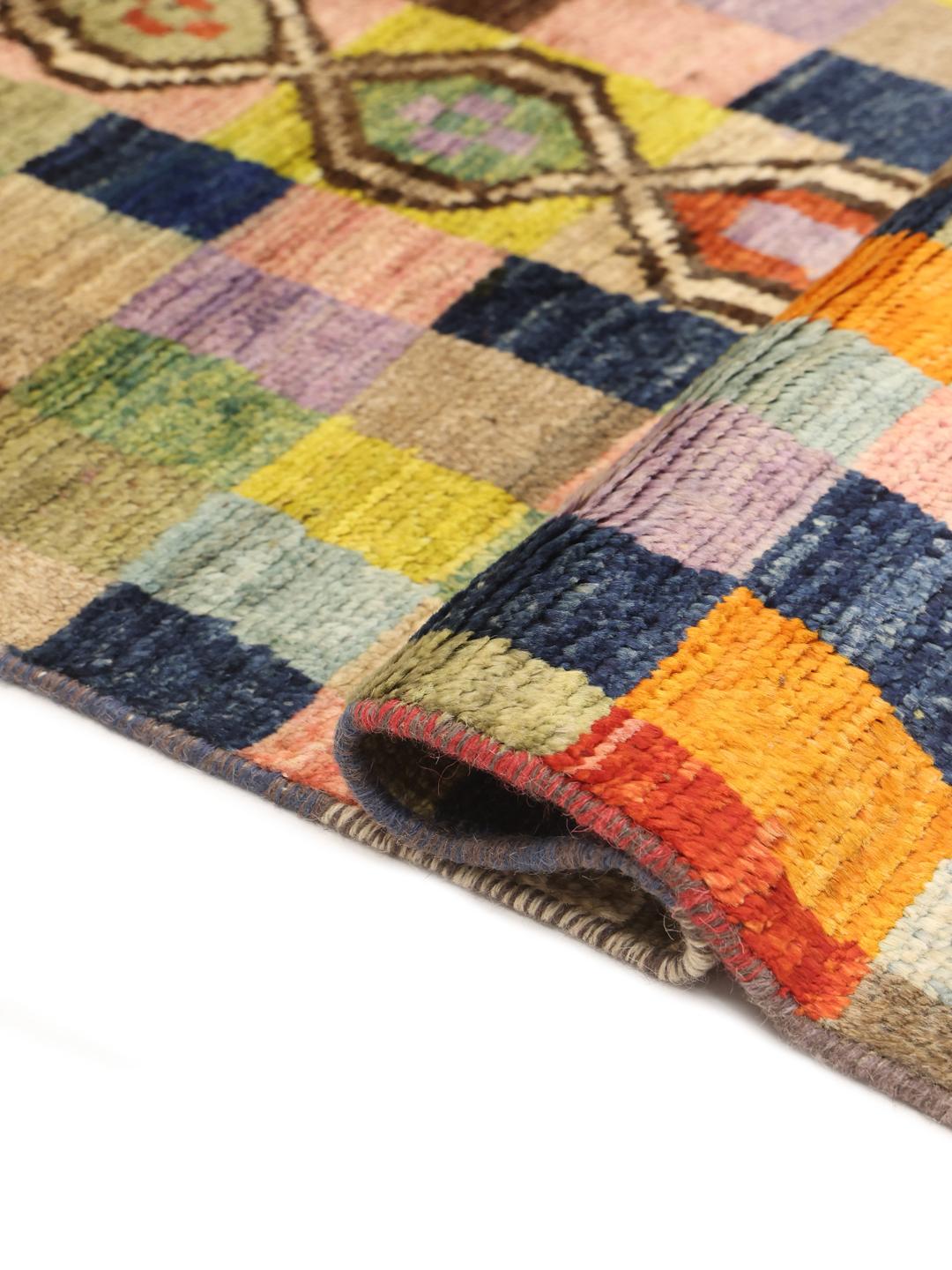 Hand-knotted colourful runner with geometric patterns from Afghanistan