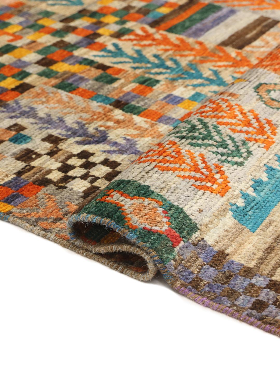 Håndknyttet flerfarvet Berber-tæppe fra Mellemøsten med geometrisk patchwork-design