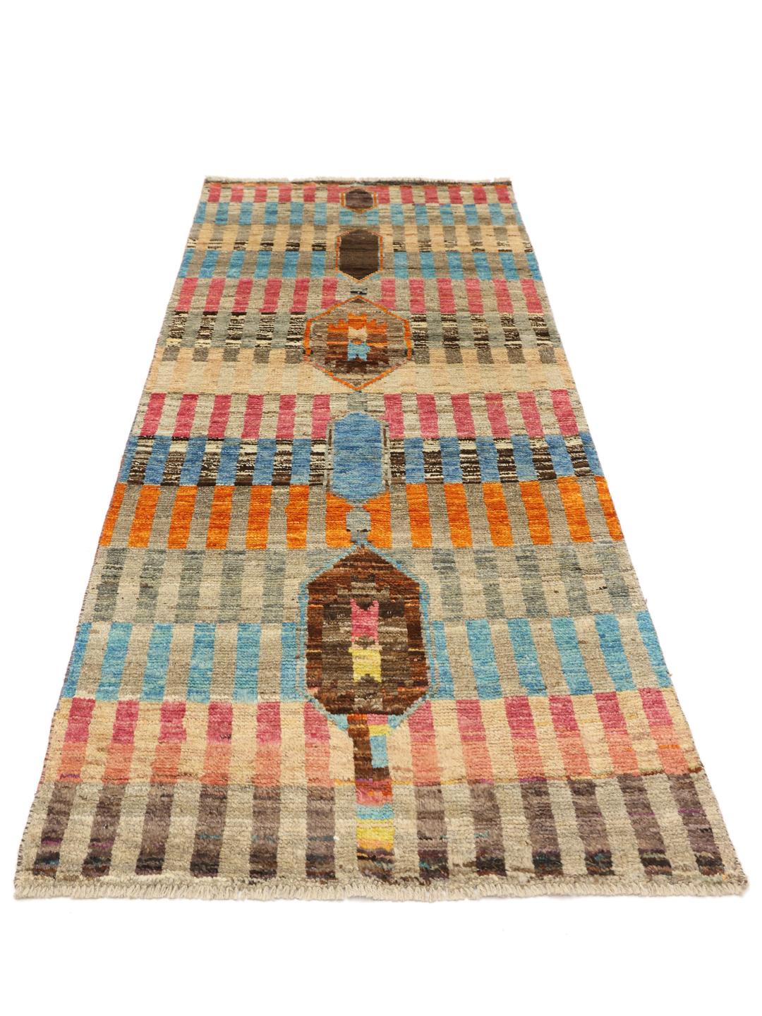 Hand-knotted Afghan runner in multicolor Wool with geometric patterns
