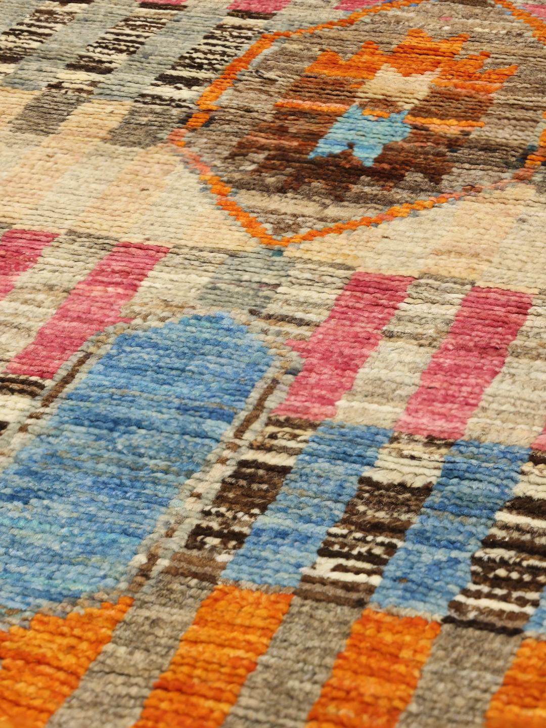 Hand-knotted Afghan runner in multicolor Wool with geometric patterns
