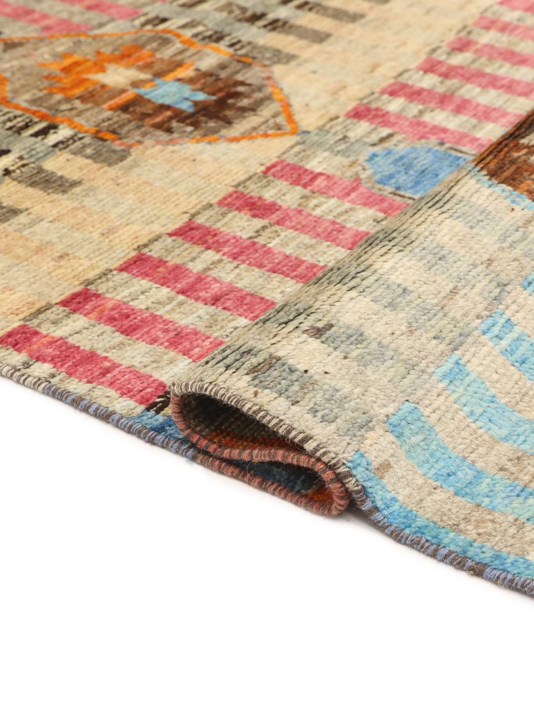 Hand-knotted Afghan runner in multicolor Wool with geometric patterns