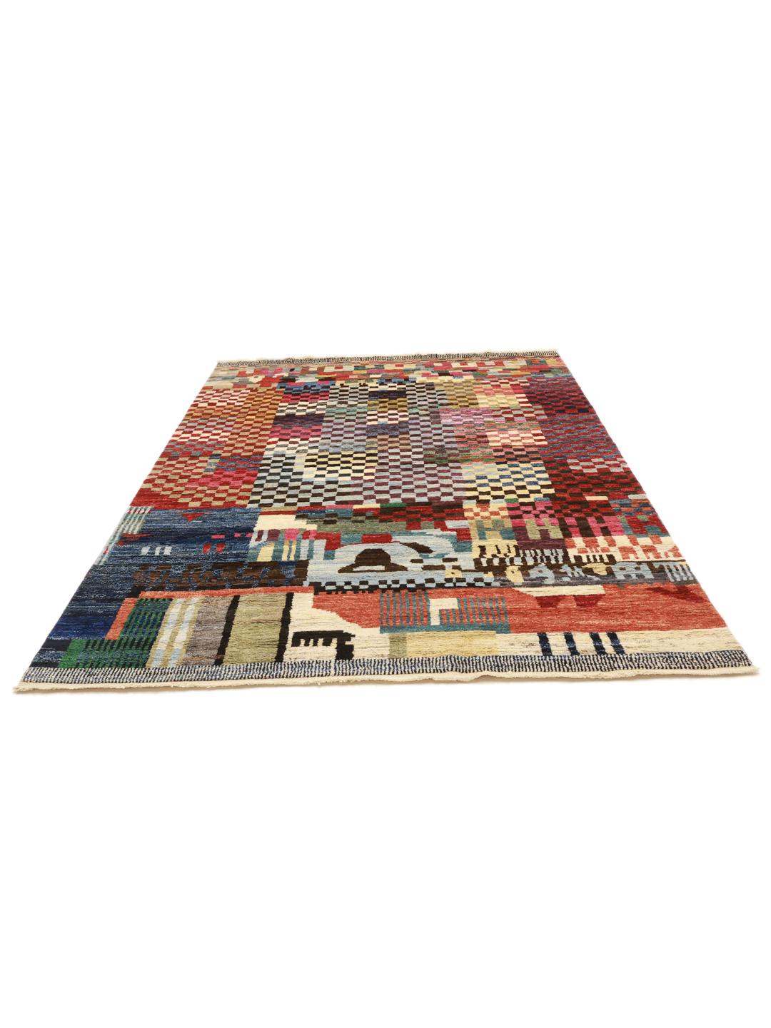 Hand-knotted Afghan rug with a colourful geometric pattern