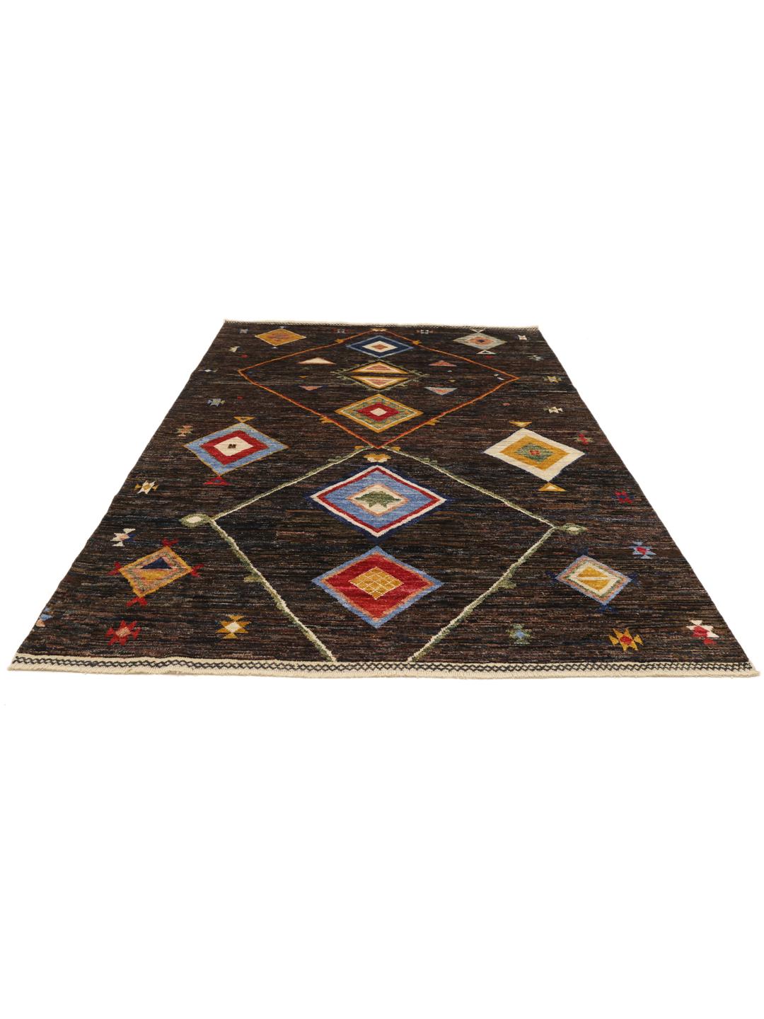 Hand-knotted Afghan Berber Colourful rug with a dark field and multicoloured geometric diamonds.