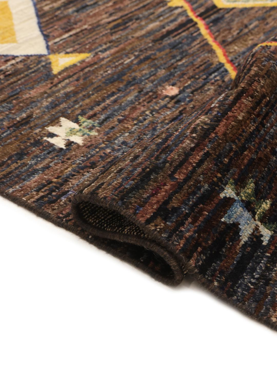 Hand-knotted Afghan Berber Colourful rug with a dark field and multicoloured geometric diamonds.