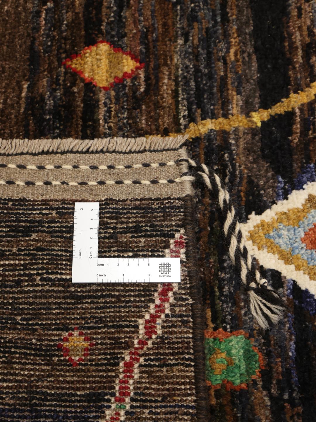 Håndknyttet Berber Colourful-tæppe fra Afghanistan med sort bund og flerfarvet diamantmønster