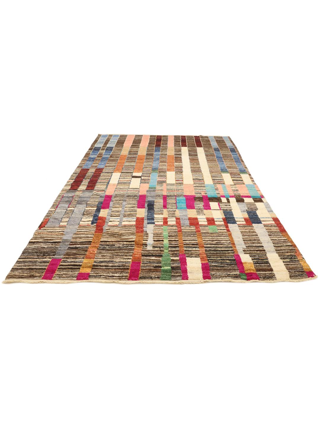 Hand-knotted colourful Afghan rug with a vibrant, rhythmic design.