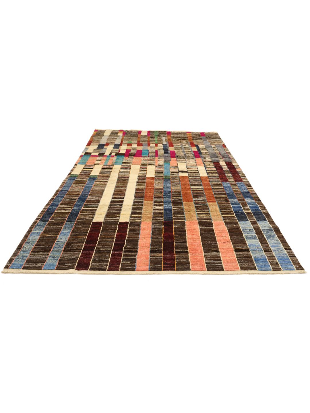 Hand-knotted colourful Afghan rug with a vibrant, rhythmic design.