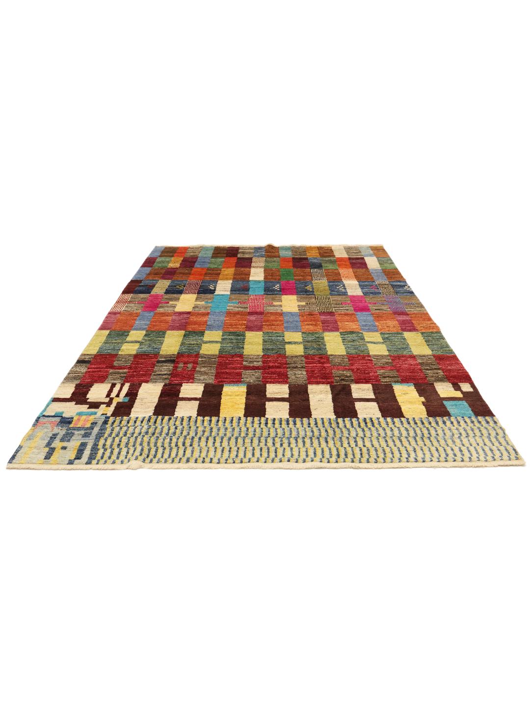 A vibrant, hand-knotted multicolor Berber-inspired rug from Afghanistan featuring a geometric grid design.