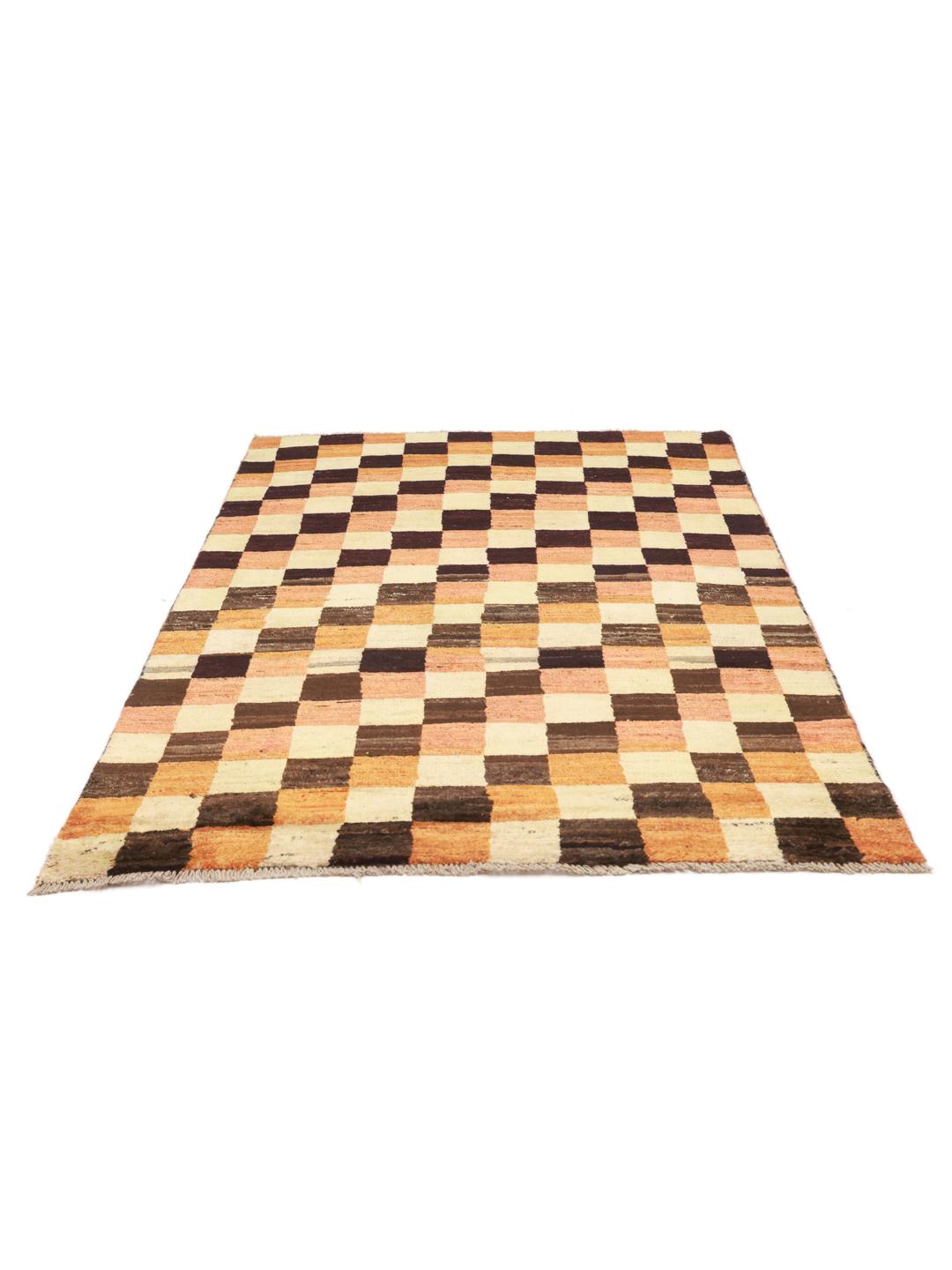 Hand-knotted Berber rug from Afghanistan with a red, black, and beige checkerboard pattern