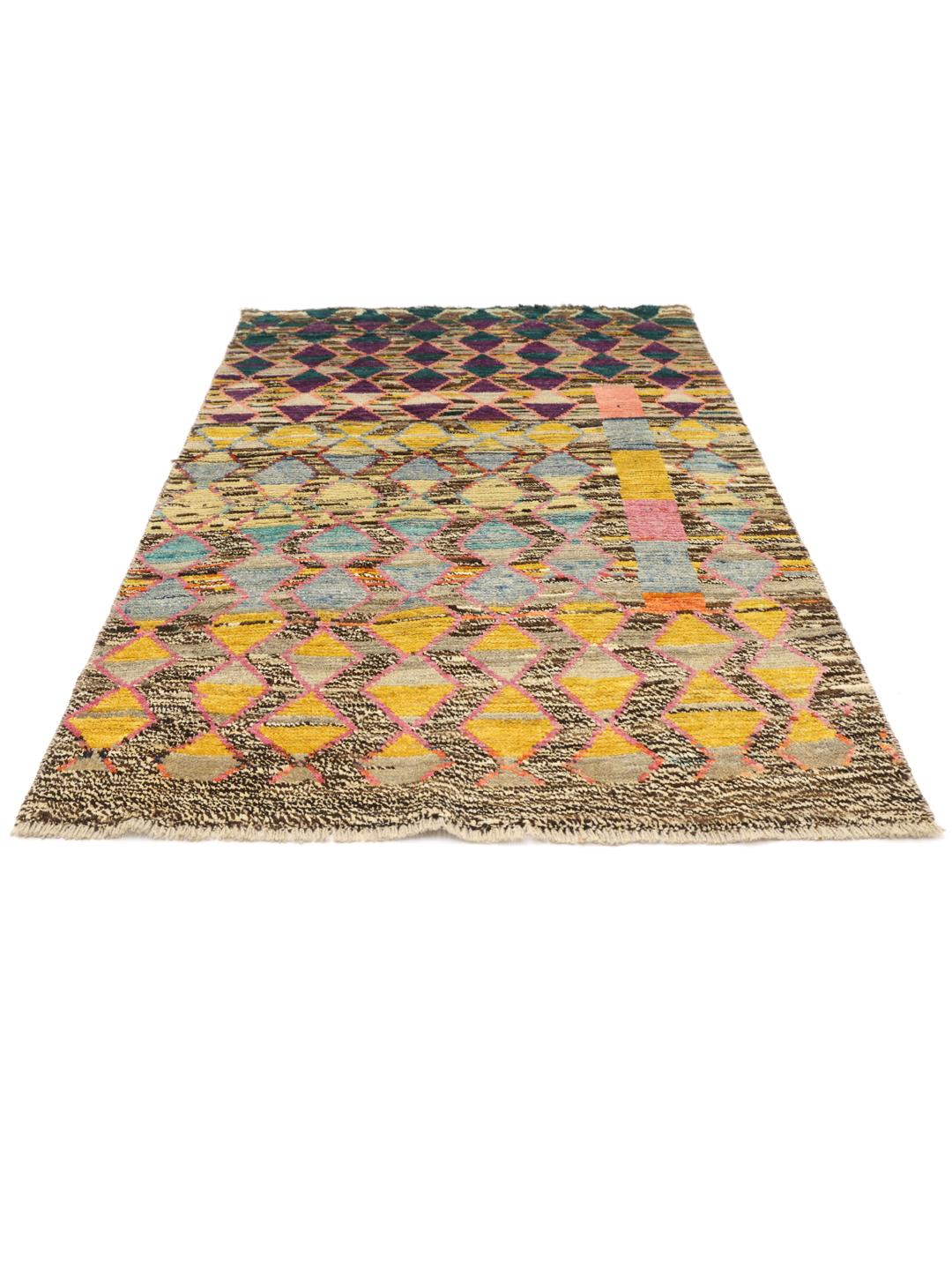 Hand-knotted Afghan rug with vibrant diamond patterns and multicolor design
