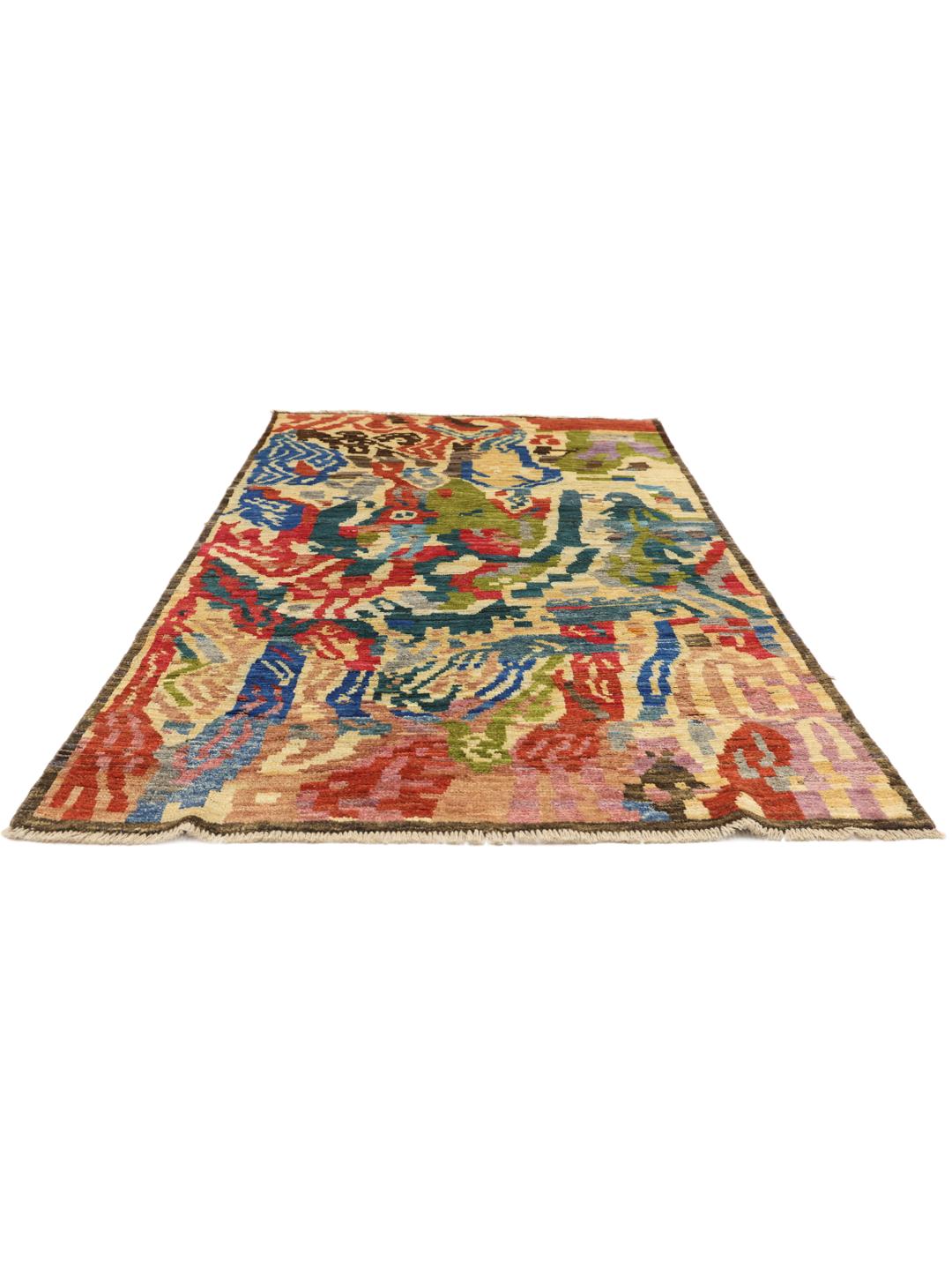 Hand-knotted Afghan rug with vibrant abstract patterns in multicolor