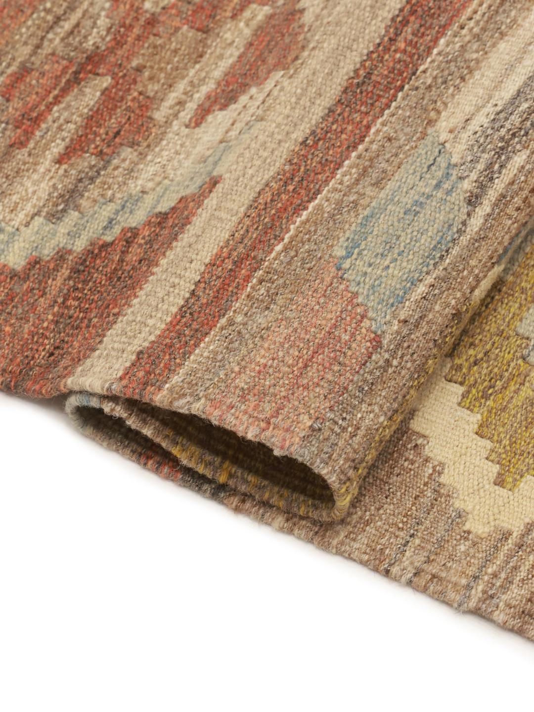 Hand-woven Afghan Kilim Ariana rug in multicolor geometric patterns