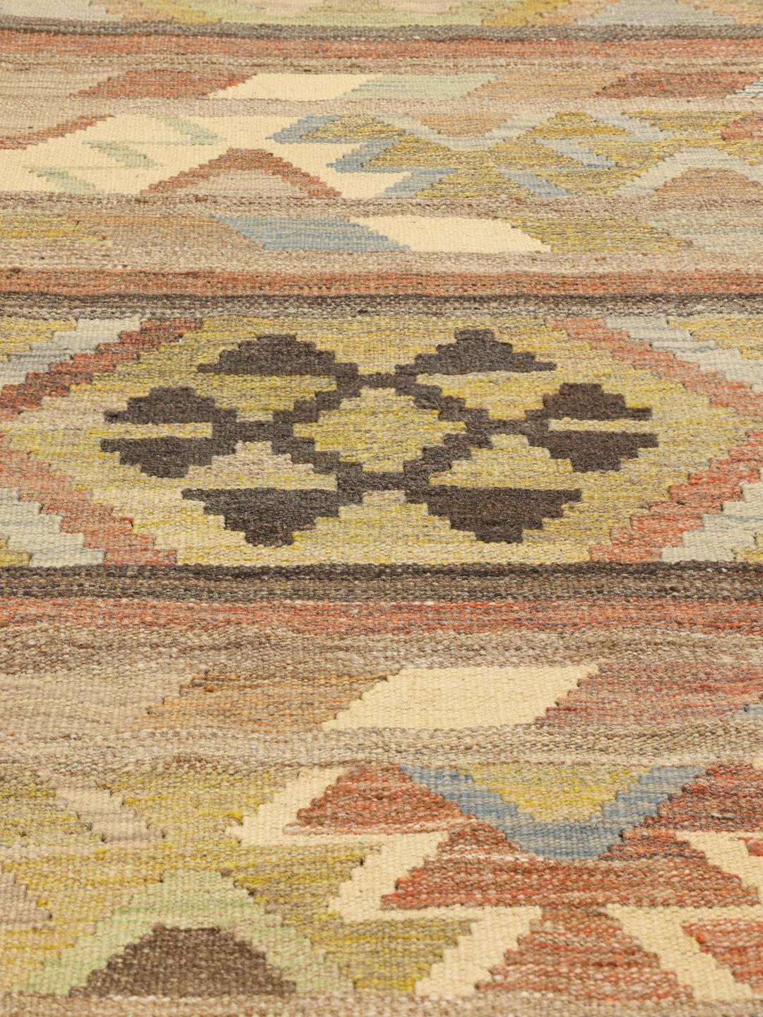 Hand-woven Afghan Kilim rug with a multicolor geometric pattern