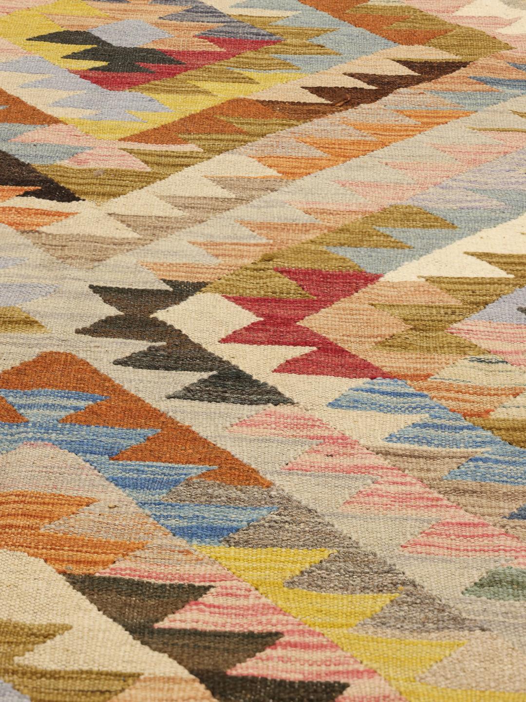 Hand-woven Afghan Kilim Ariana rug in multicolor geometric pattern