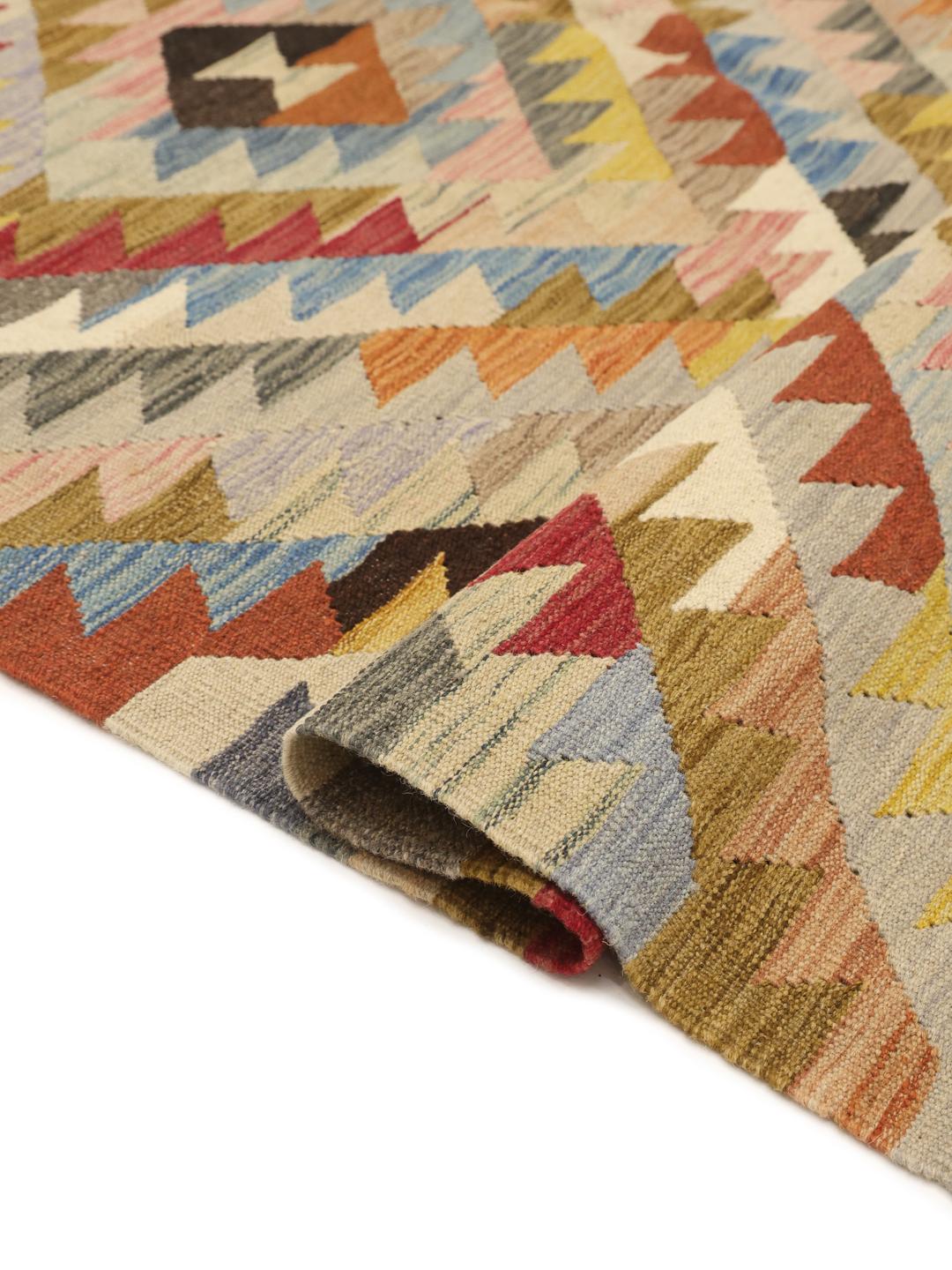 Hand-woven Afghan Kilim Ariana rug in multicolor geometric pattern