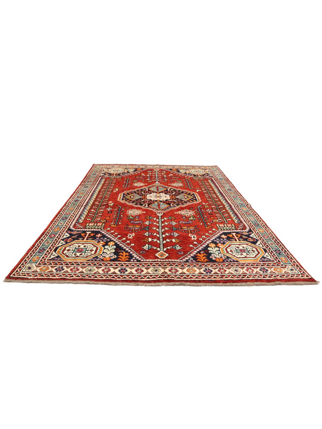 Hand knotted Afghan Kazak rug in red and blue with geometric patterns