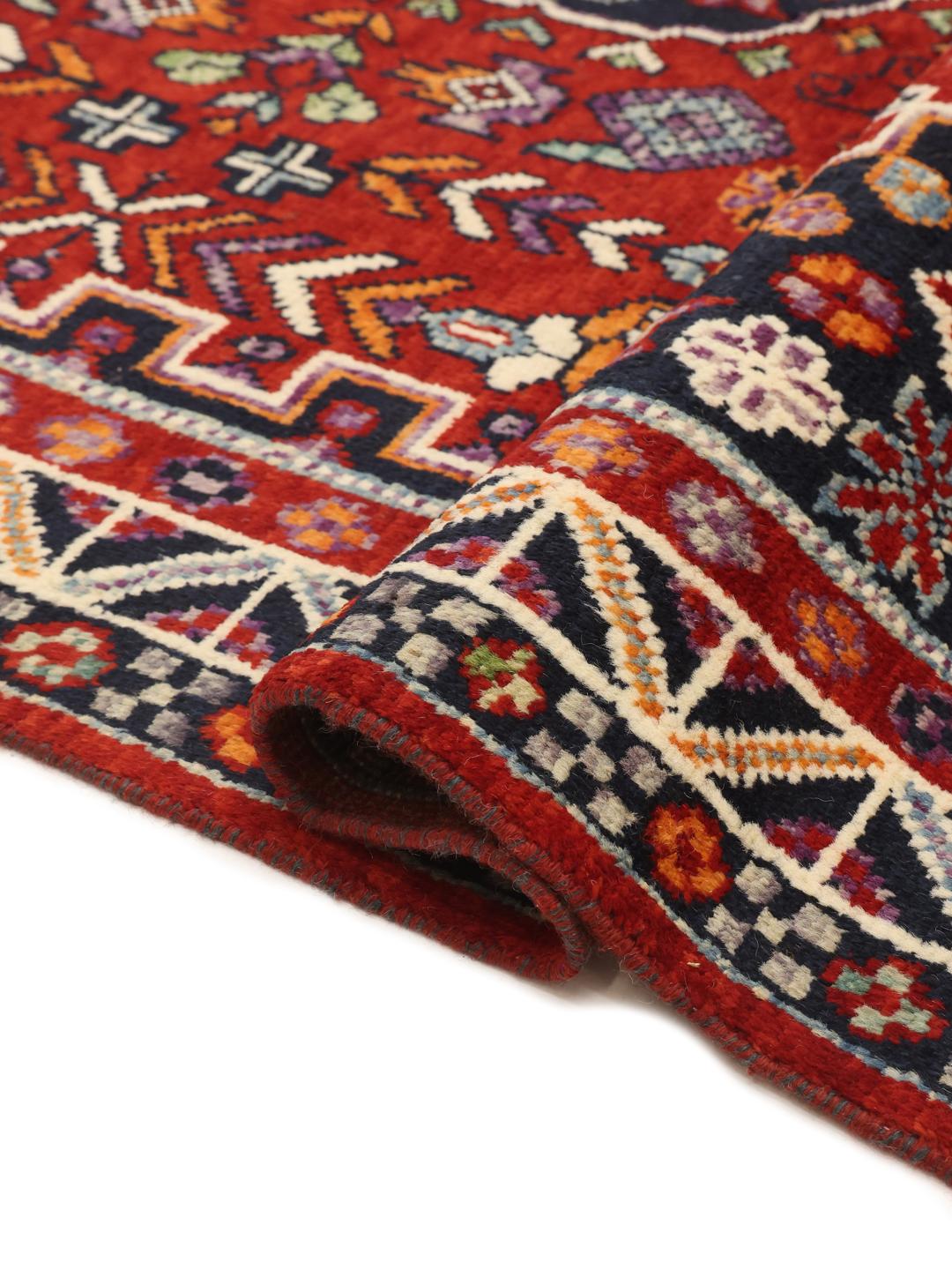 Alfombra Kazak anudada a mano de Afganistán en rojo y azul oscuro
