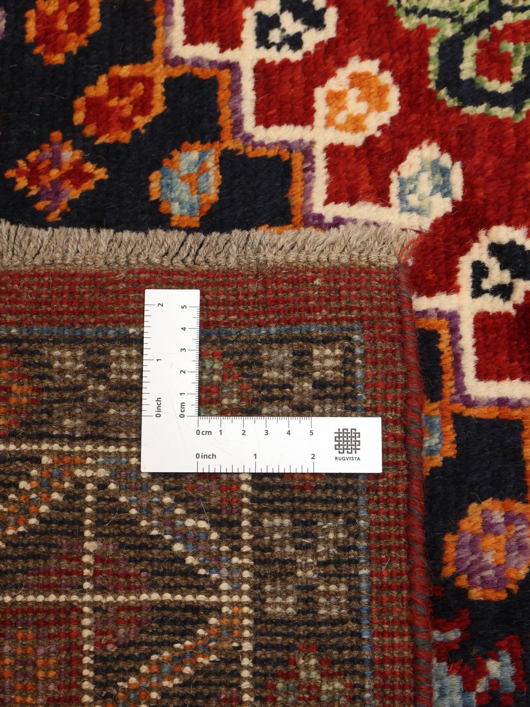 Alfombra Kazak anudada a mano de Afganistán en rojo y azul oscuro