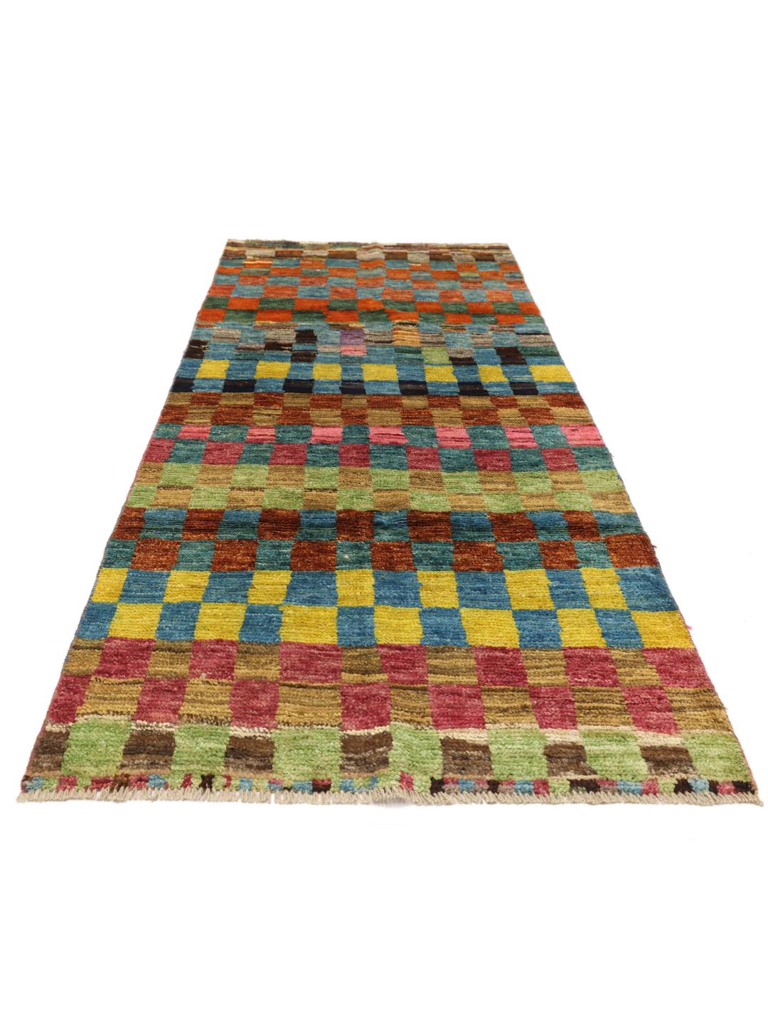 Hand-knotted Afghan runner with a vibrant multicolor checkered pattern