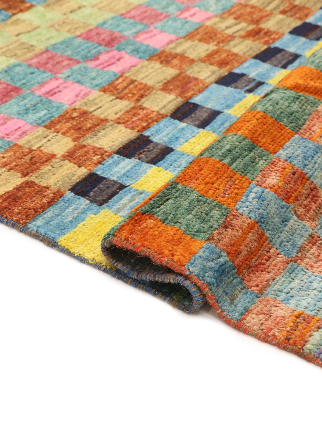 Hand-knotted Afghan runner with a vibrant multicolor checkered pattern