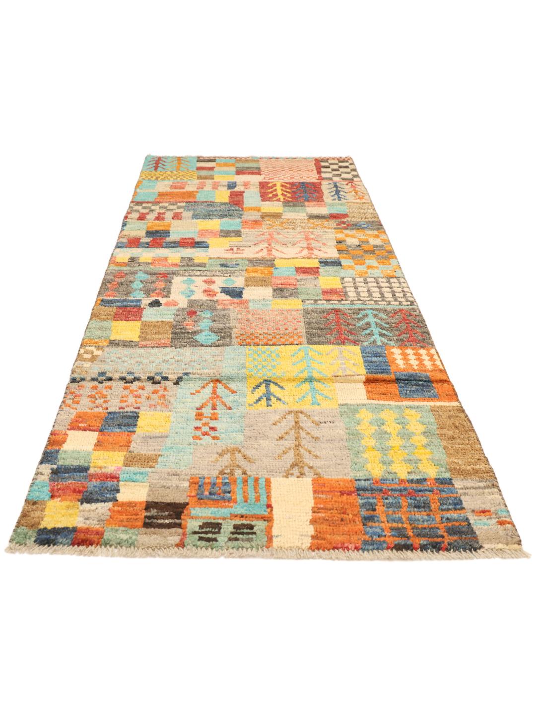Tapis long coloré noué à la main provenant d'Afghanistan avec un design patchwork géométrique