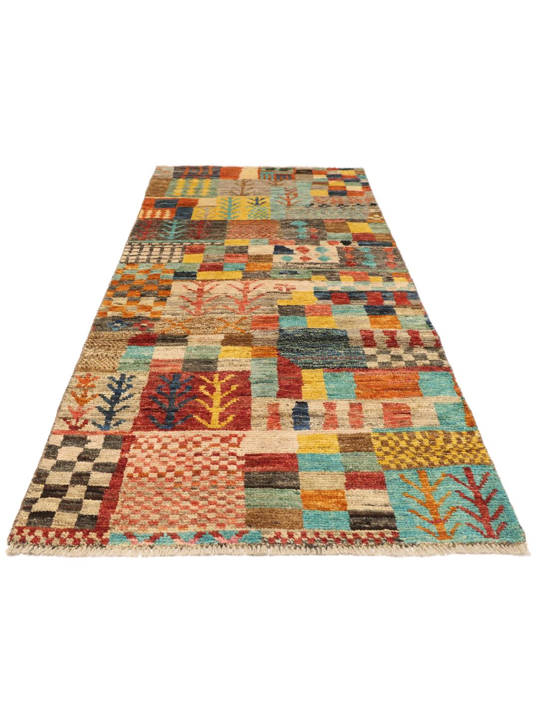 Tapis long coloré noué à la main provenant d'Afghanistan avec un design patchwork géométrique