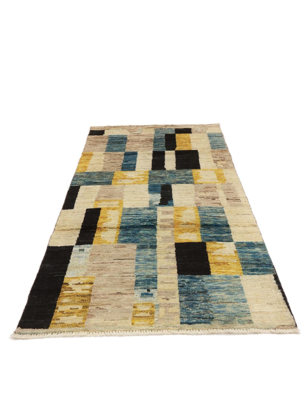 Tapis long noué à la main en provenance du Moyen-Orient avec un motif géométrique coloré en bleu, jaune et noir