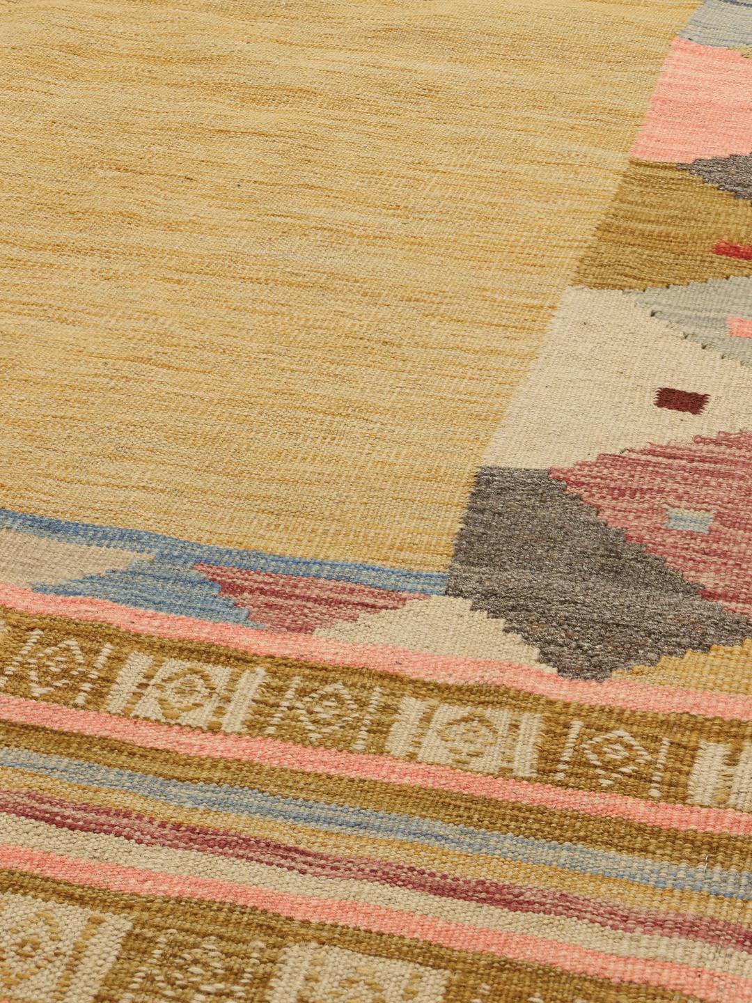 Hand-woven Afghan Kilim Ariana Trend rug with a beige field and multicoloured border