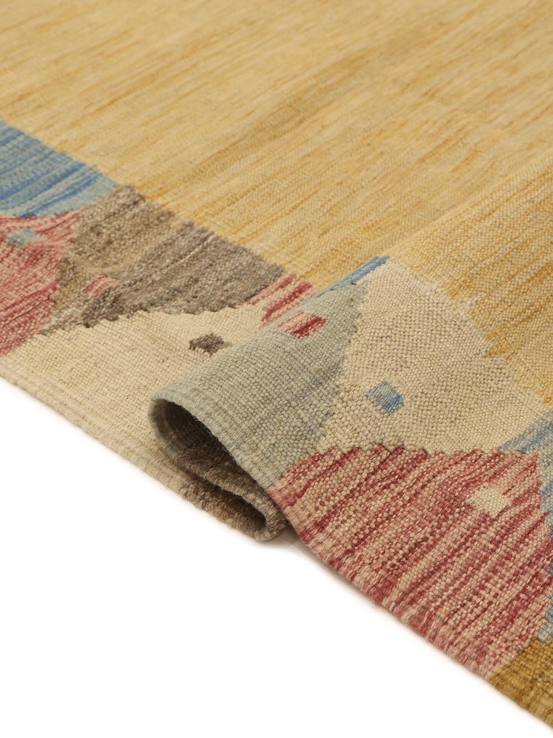 Hand-woven Afghan Kilim Ariana Trend rug with a beige field and multicoloured border