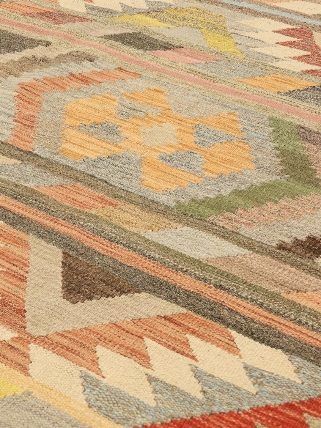 Hand-woven Afghan Kilim rug with multicolor geometric patterns