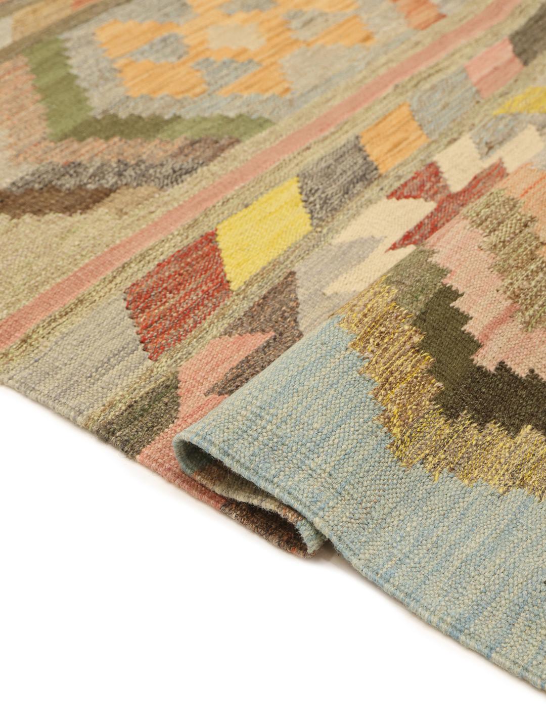 Hand-woven Afghan Kilim rug with multicolor geometric patterns