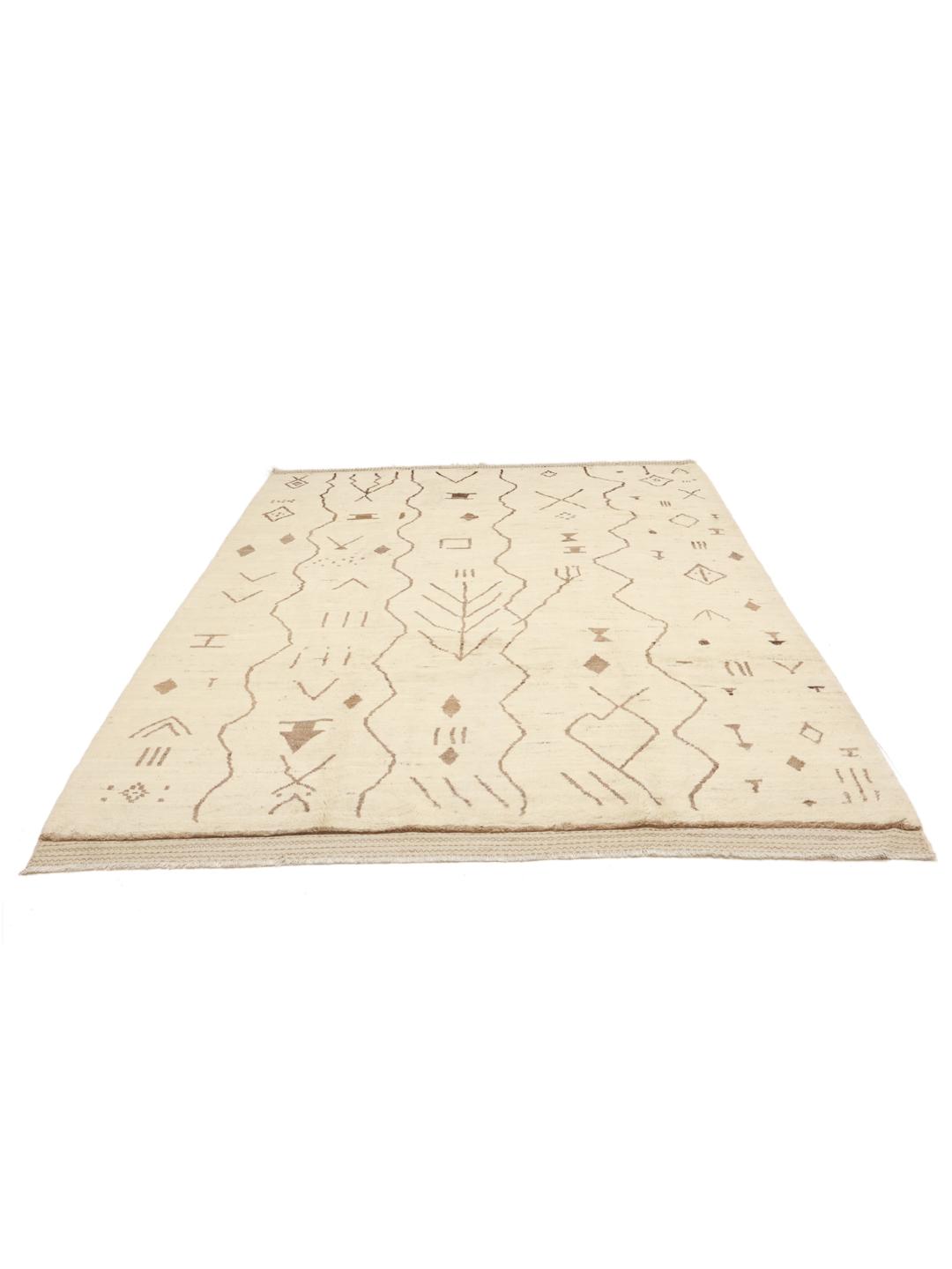 Hand-knotted Afghan wool rug with tribal motifs in a neutral beige tone