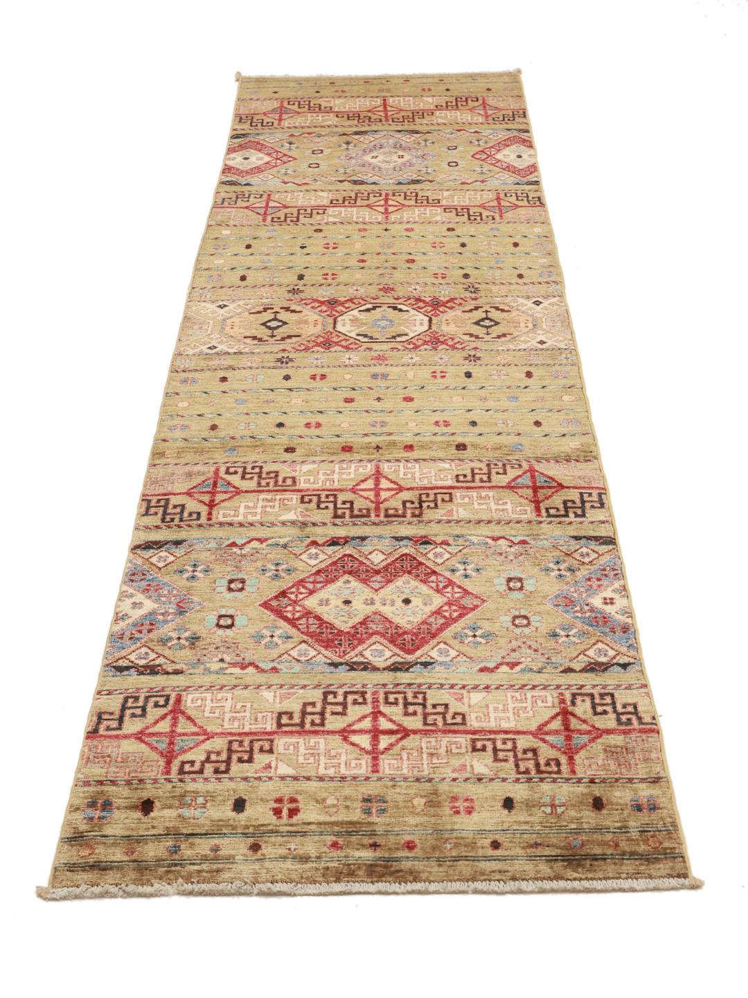 Hand-knotted runner from Afghanistan in brown with geometric patterns
