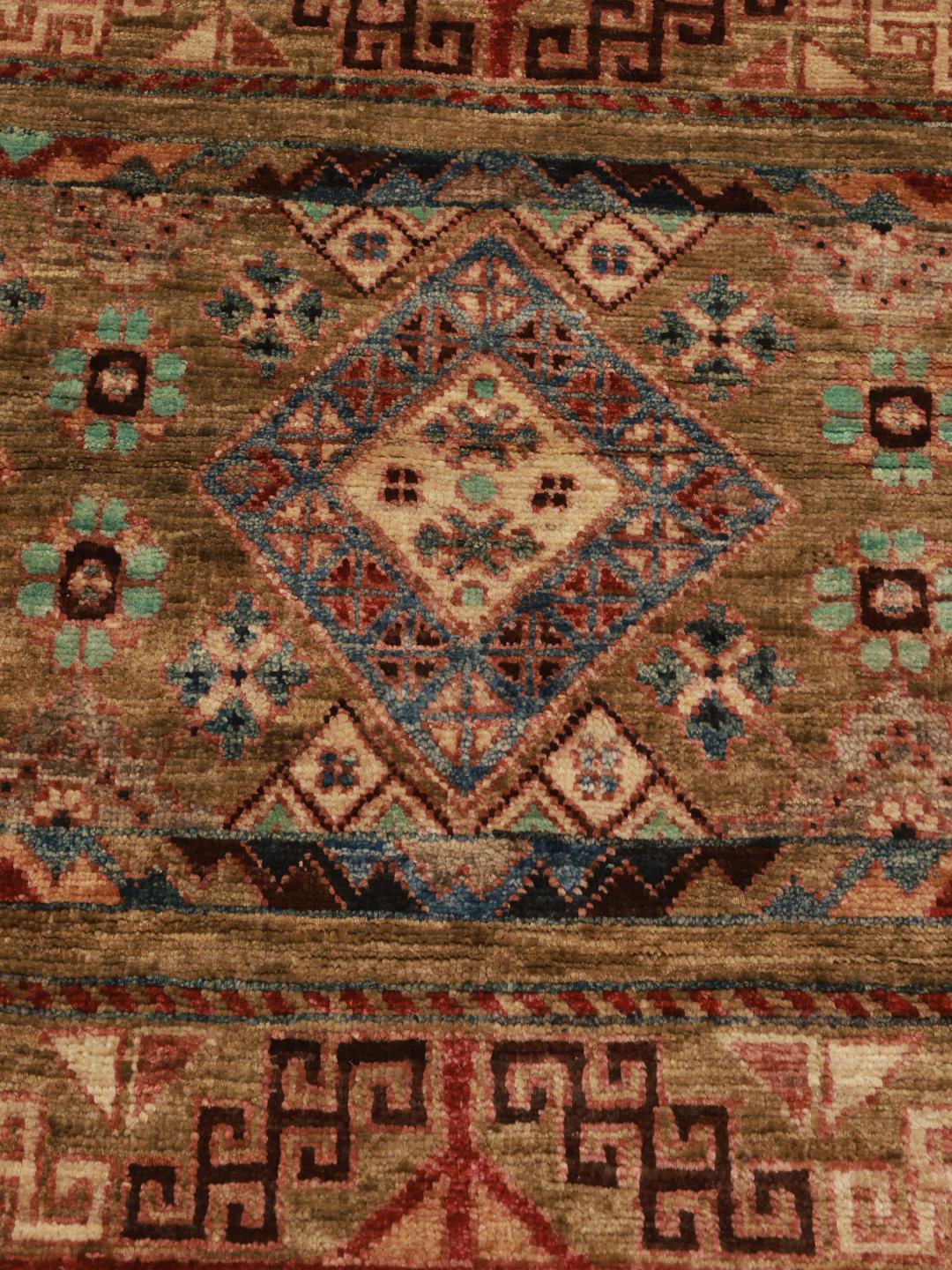 Hand-knotted runner from Afghanistan in brown with geometric patterns